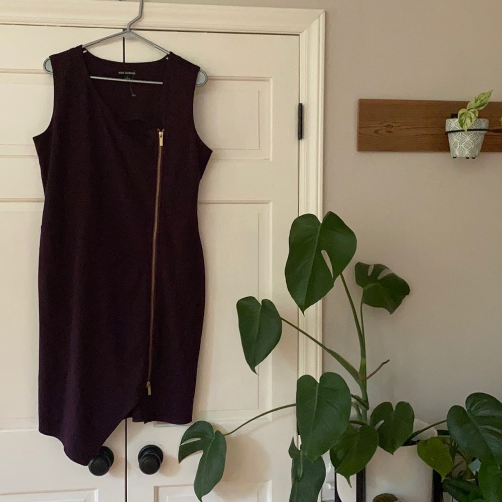 Nina Leonard NWT eggplant zipper‎ dress asymmetric large new plum gold